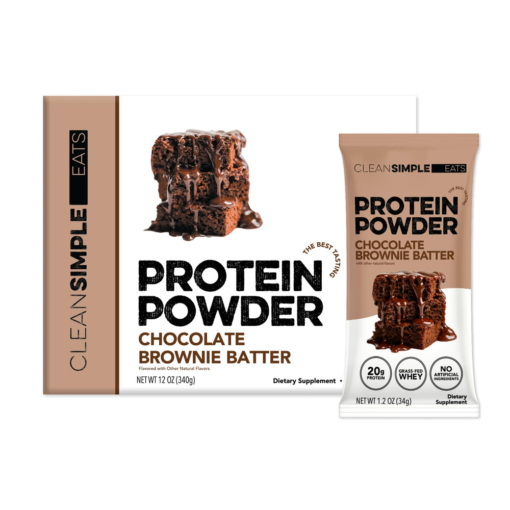 Clean Simple Eats whey protein chocolate brownie batter stick-pack for easy on-the-go protein.