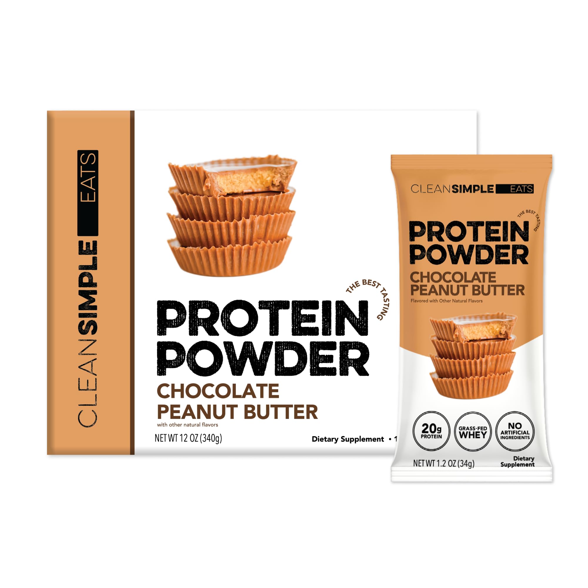 Clean Simple Eats whey protein chocolate peanut butter stick-pack close-up for on-the-go protein boost
