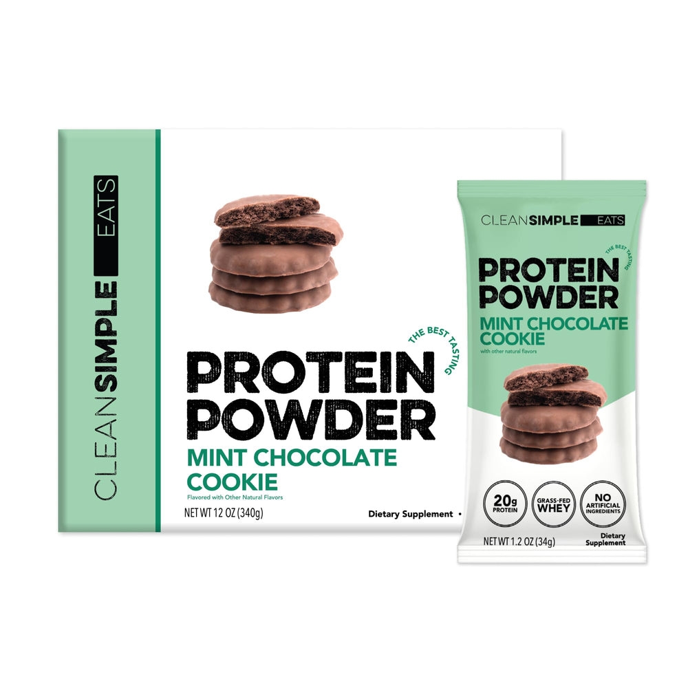 Clean Simple Eats mint chocolate cookie whey protein stick pack for on-the-go protein