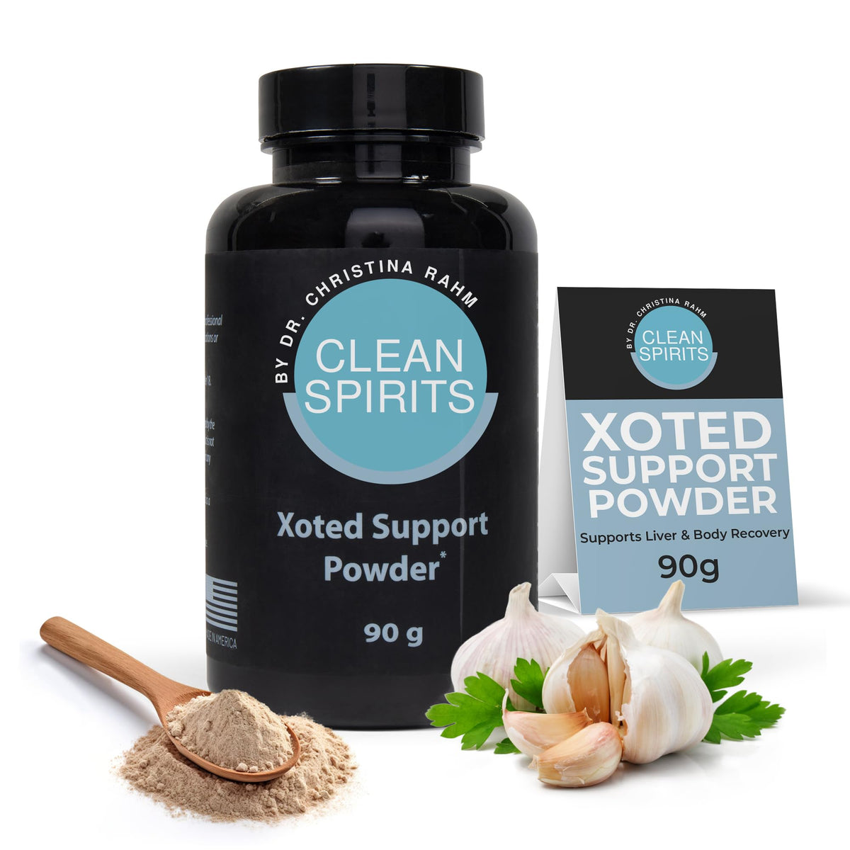 Clean Spirits Xoted Support bottle pour—post-drink recovery.