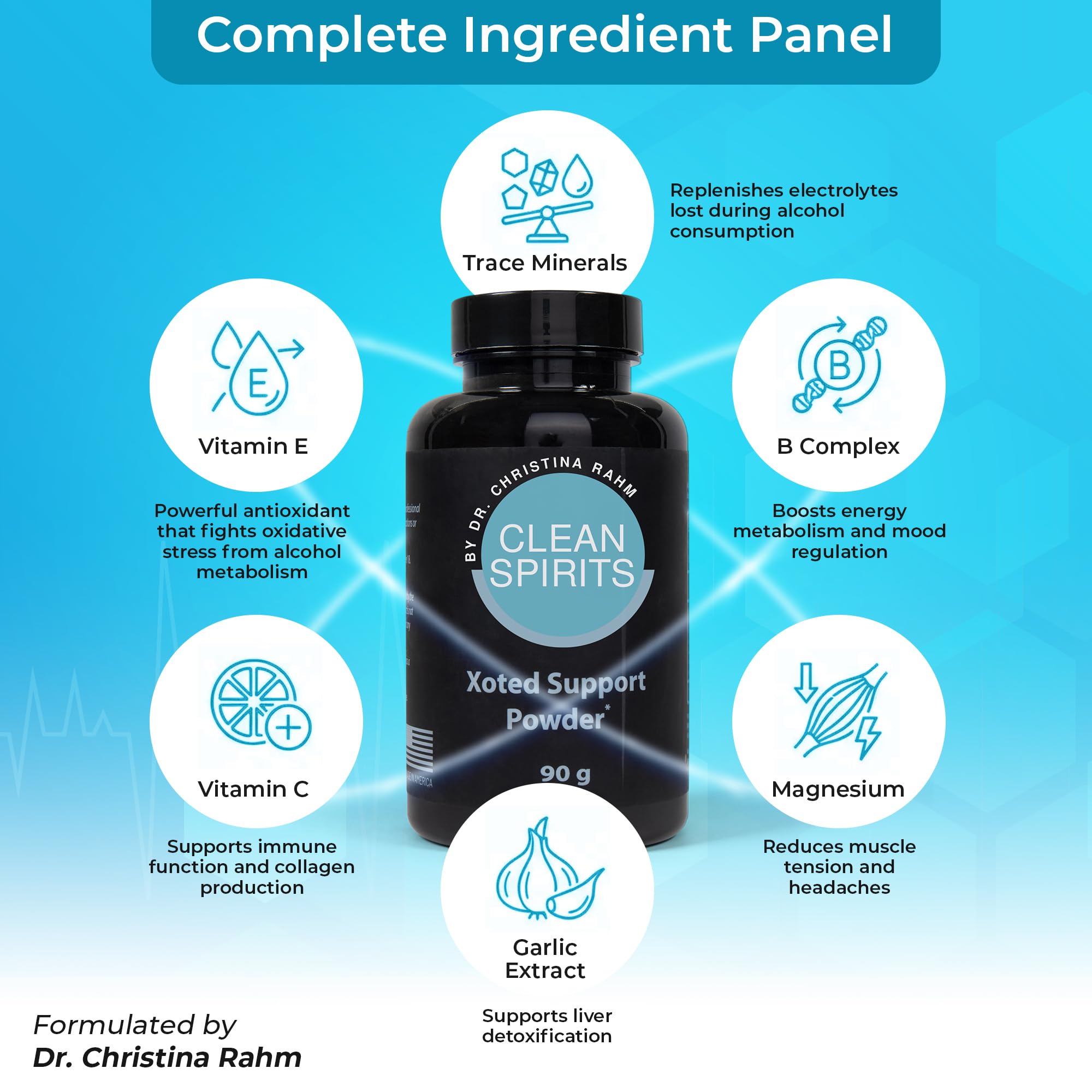 Clean Spirits Xoted Support ingredient panel—comprehensive blend for energy and recovery.
