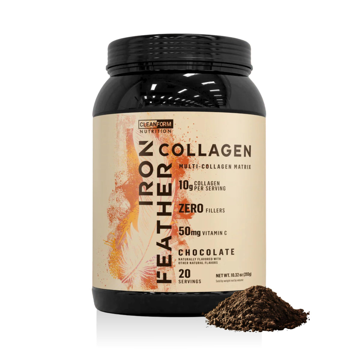 CleanForm Iron Feather chocolate powder bottle on counter supports joint-friendly nutrition