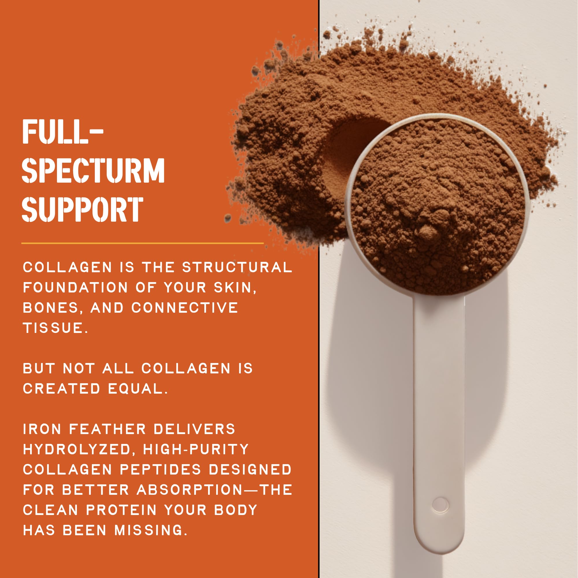 Close-up of Iron Feather label highlights multi-source collagen for joints and tendons
