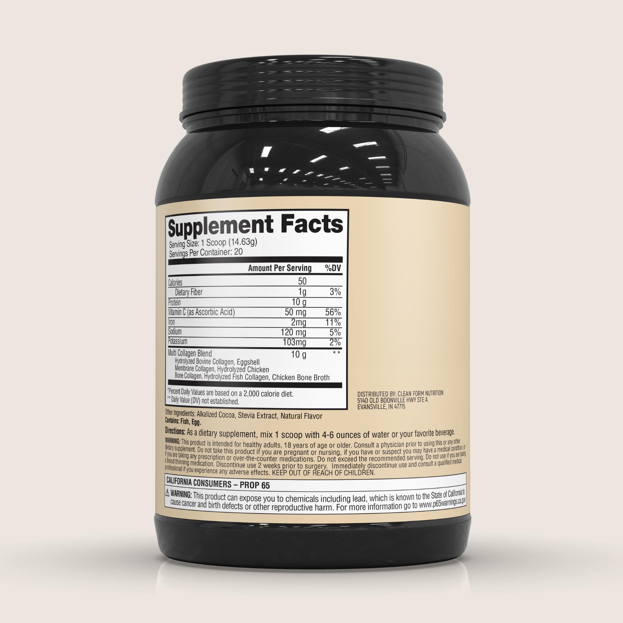 Iron Feather chocolate powder scoop beside jar indicating 10g protein per serving