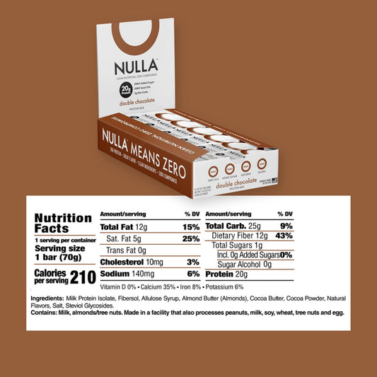 Close-up of CleanForm Nulla Bar Double Chocolate shows rich flavor without seed oils.