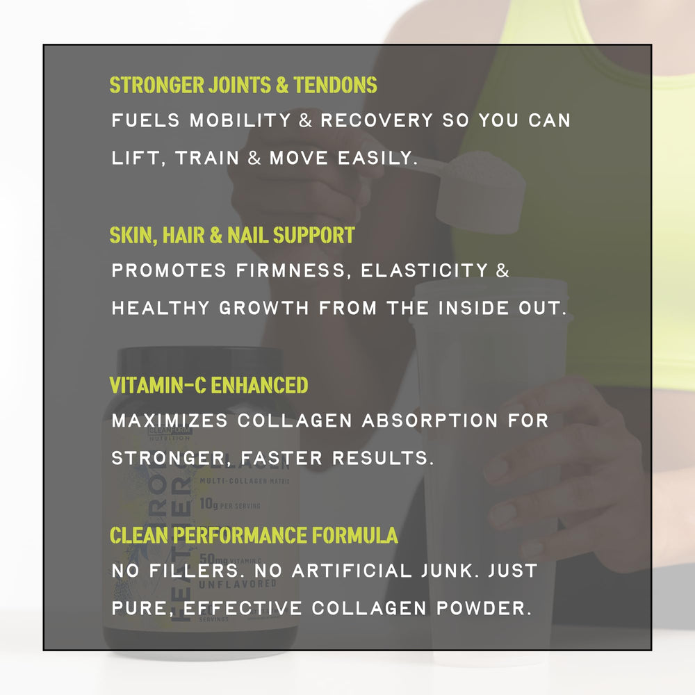 CleanForm Nutrition Iron Feather Collagen Bottle on kitchen counter.