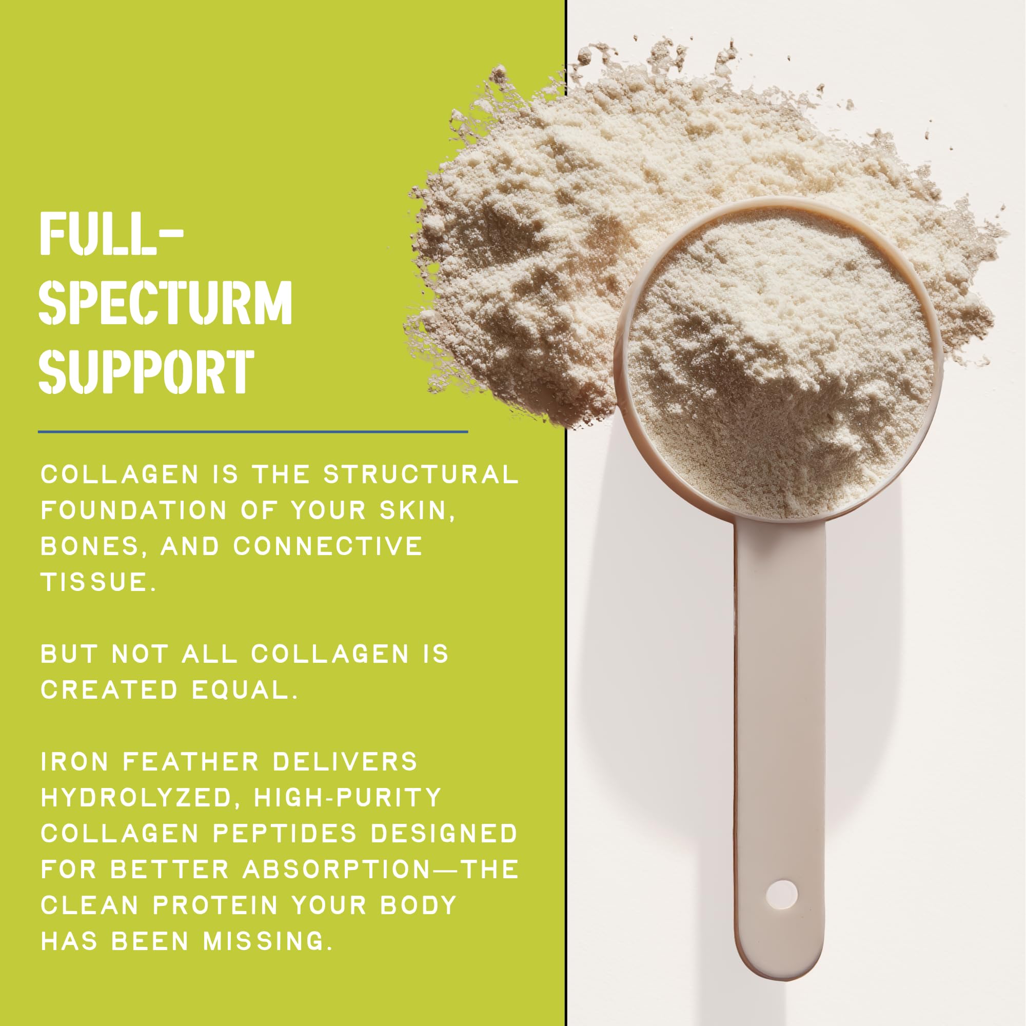 CleanForm Nutrition Iron Feather Collagen Powder being stirred in glass showing smooth texture.