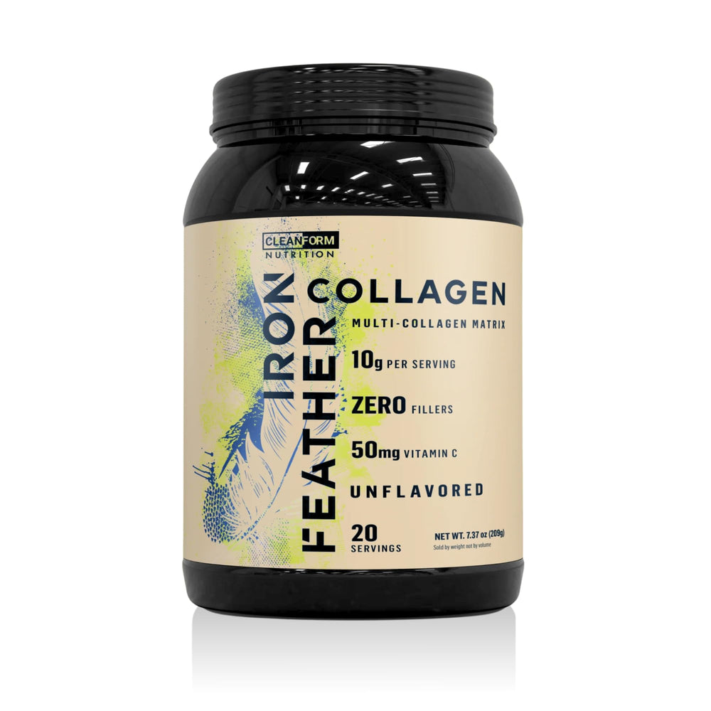 CleanForm Nutrition Iron Feather Collagen Powder unflavored jar shows 10g protein per scoop for joints and skin.