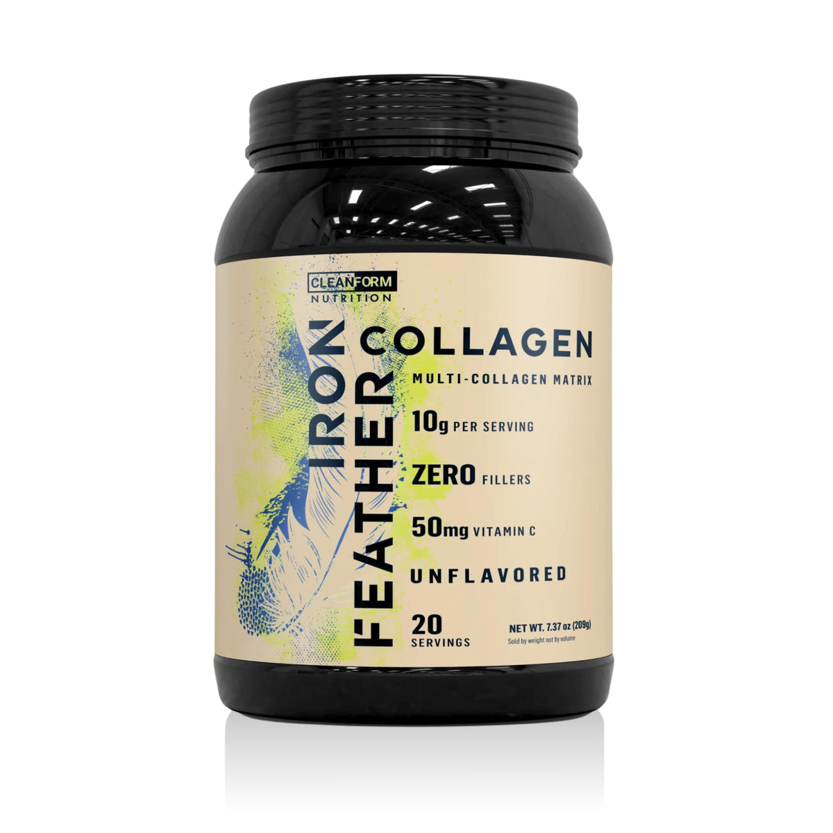 CleanForm Nutrition Iron Feather Collagen Powder unflavored jar shows 10g protein per scoop for joints and skin.