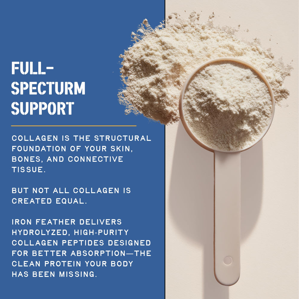 CleanForm Nutrition Iron Feather Vanilla label close-up highlighting collagen types.