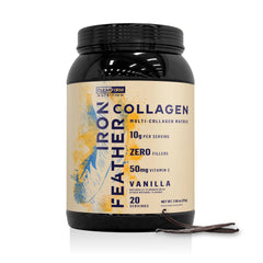 CleanForm Nutrition Iron Feather Vanilla tub with four-source collagen blend for joints and recovery.