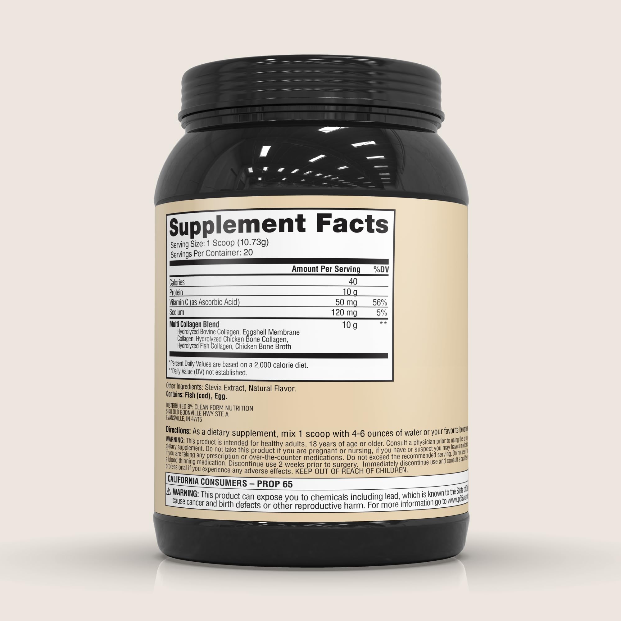 CleanForm Nutrition vanilla protein scoop showing 10 g protein per serving.