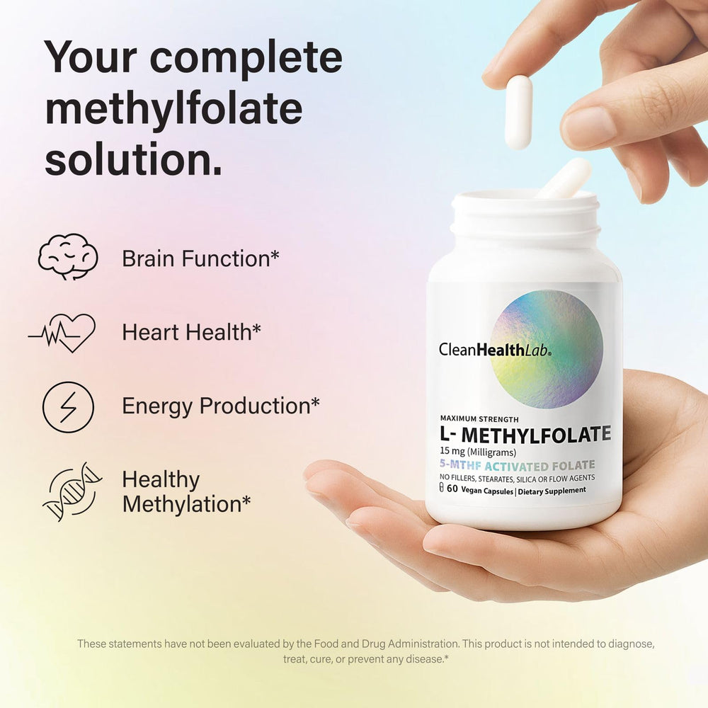 CleanHealthLab L-Methylfolate capsules closeup shows vegan, allergen-free formula.