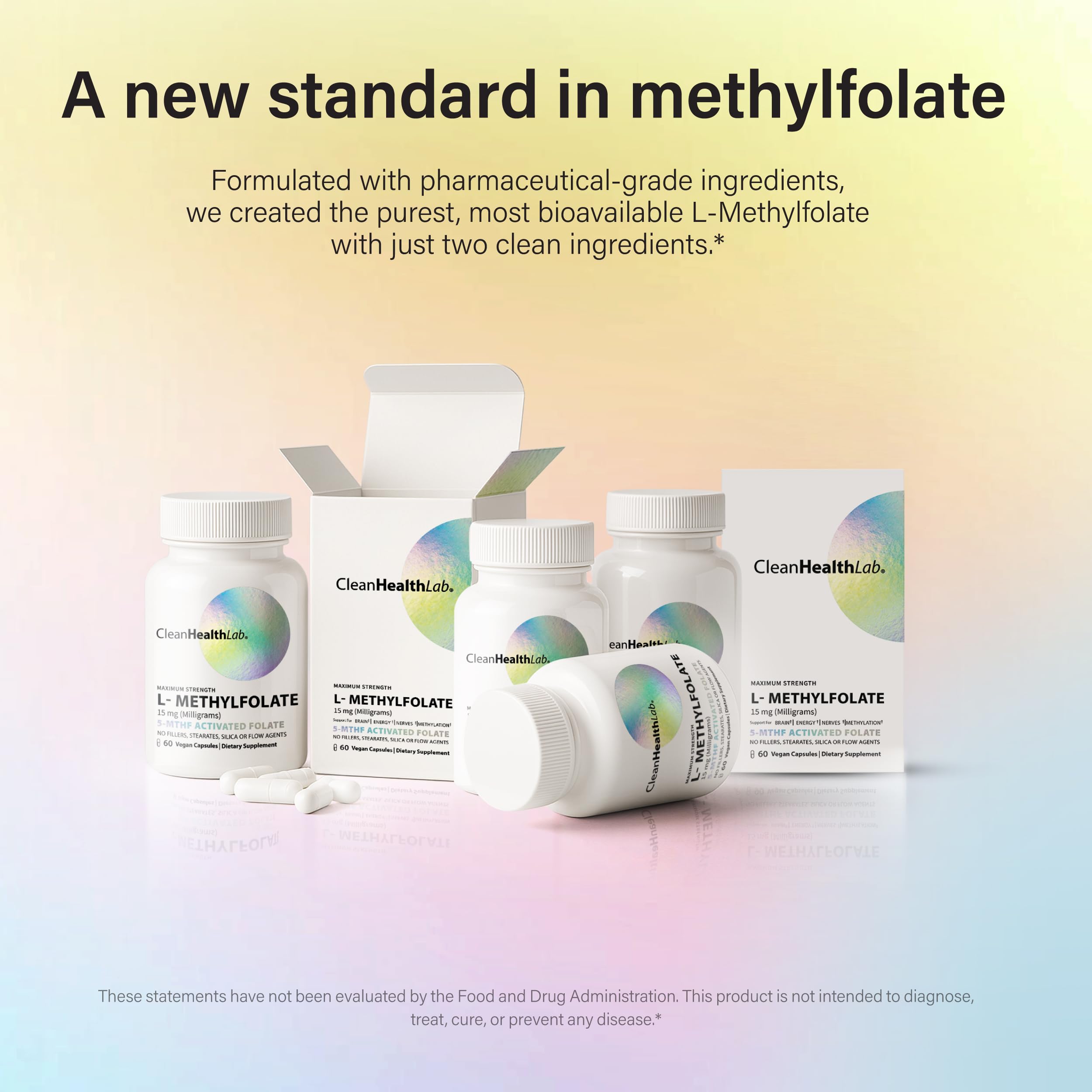 CleanHealthLab L-Methylfolate capsules on white background for daily methylation support.