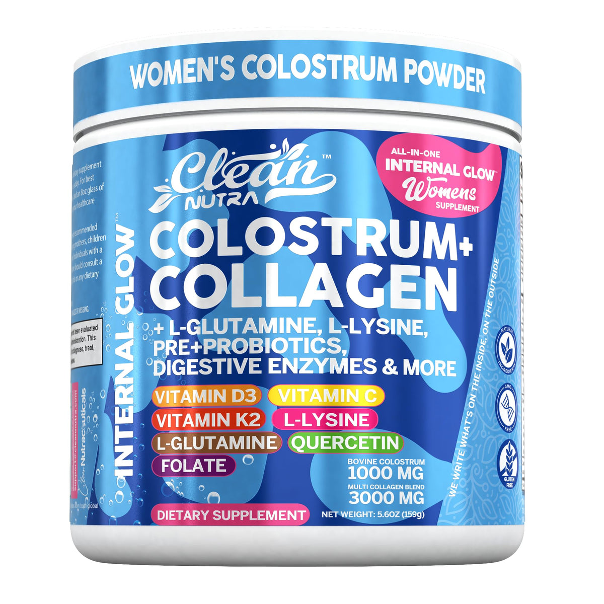 Clean Nutra bovine colostrum powder bottle for daily gut support