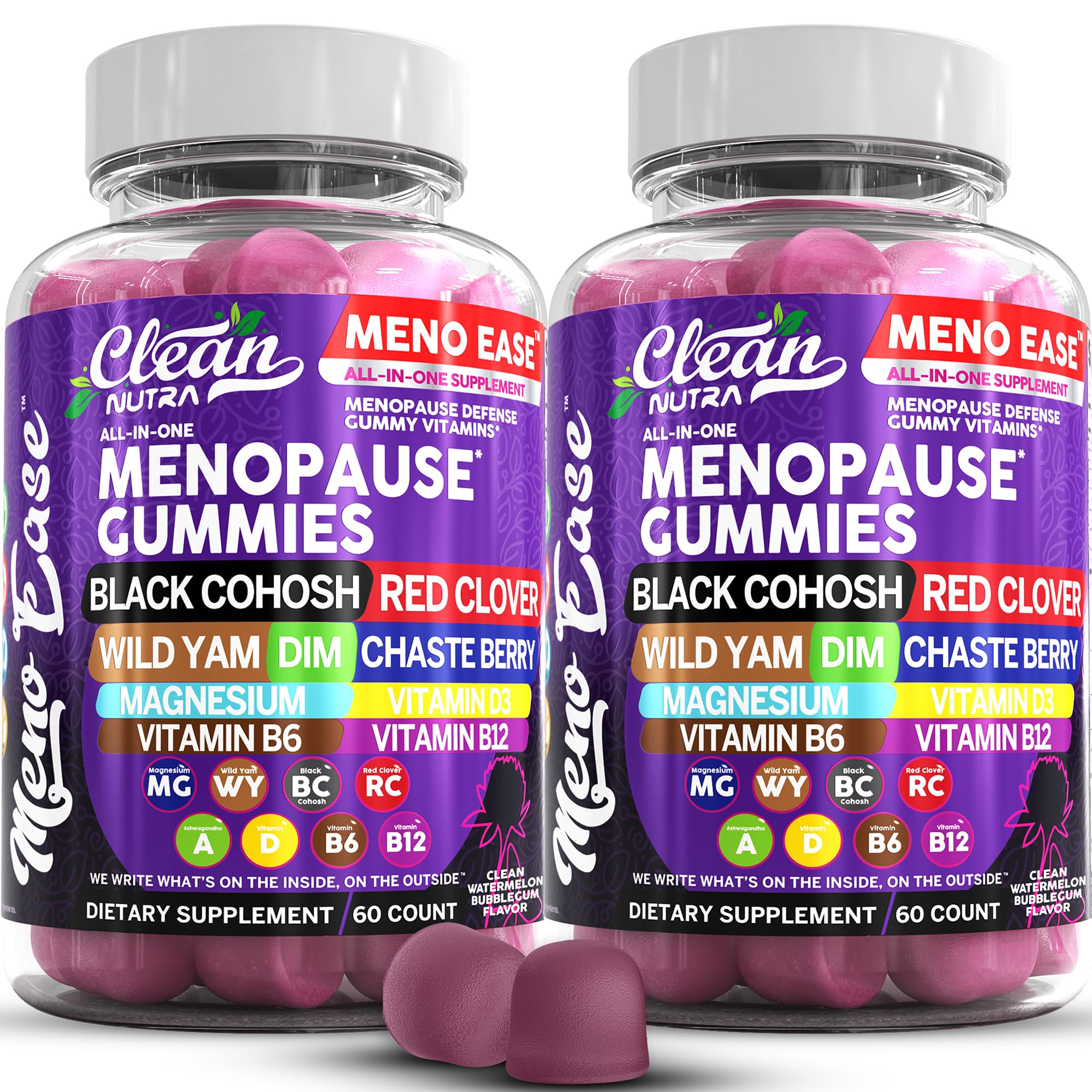 Clean Nutraceuticals menopause gummies bottle closeup shows convenient daily support