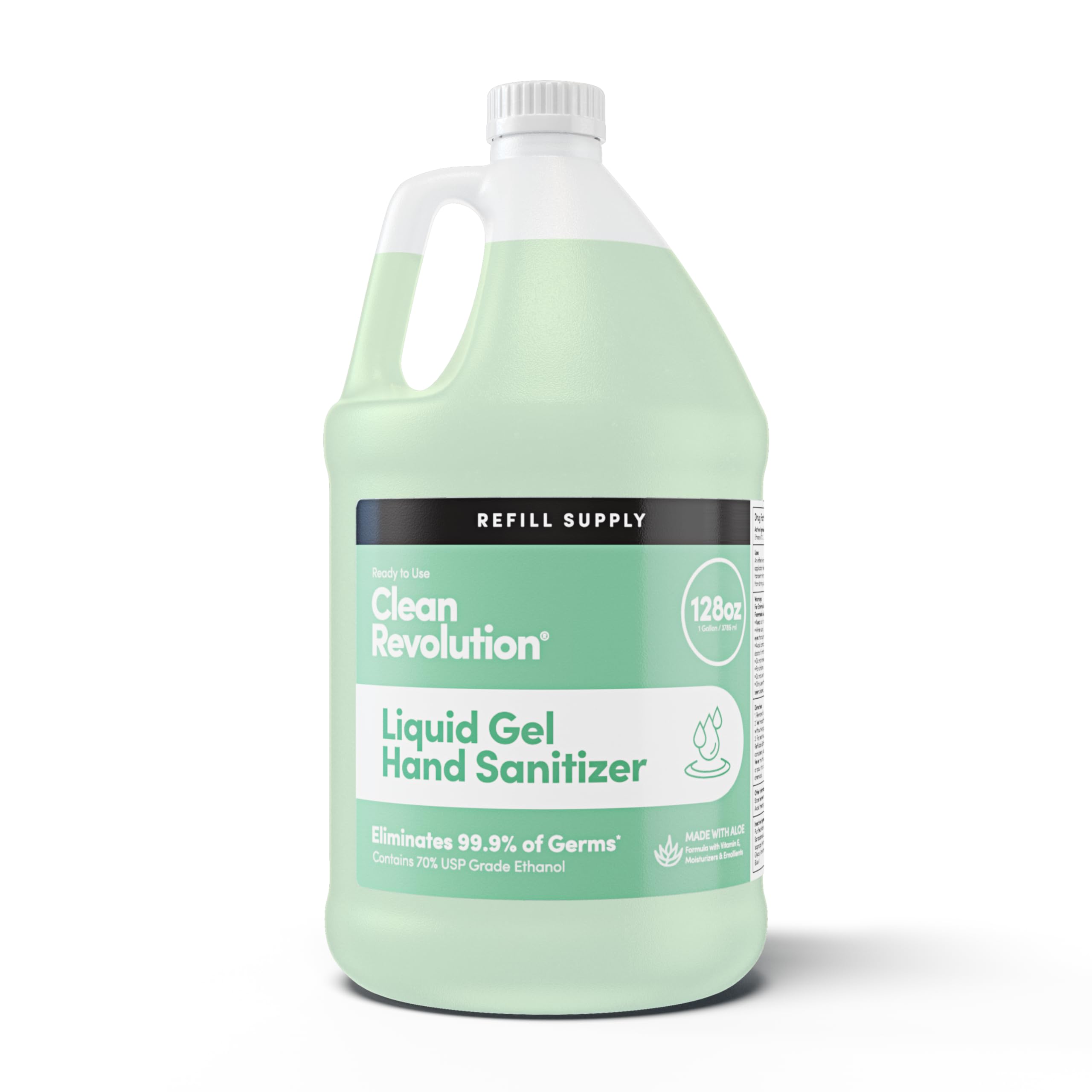 Clean Revolution liquid gel sanitizer refill 128oz, ideal for home refills.