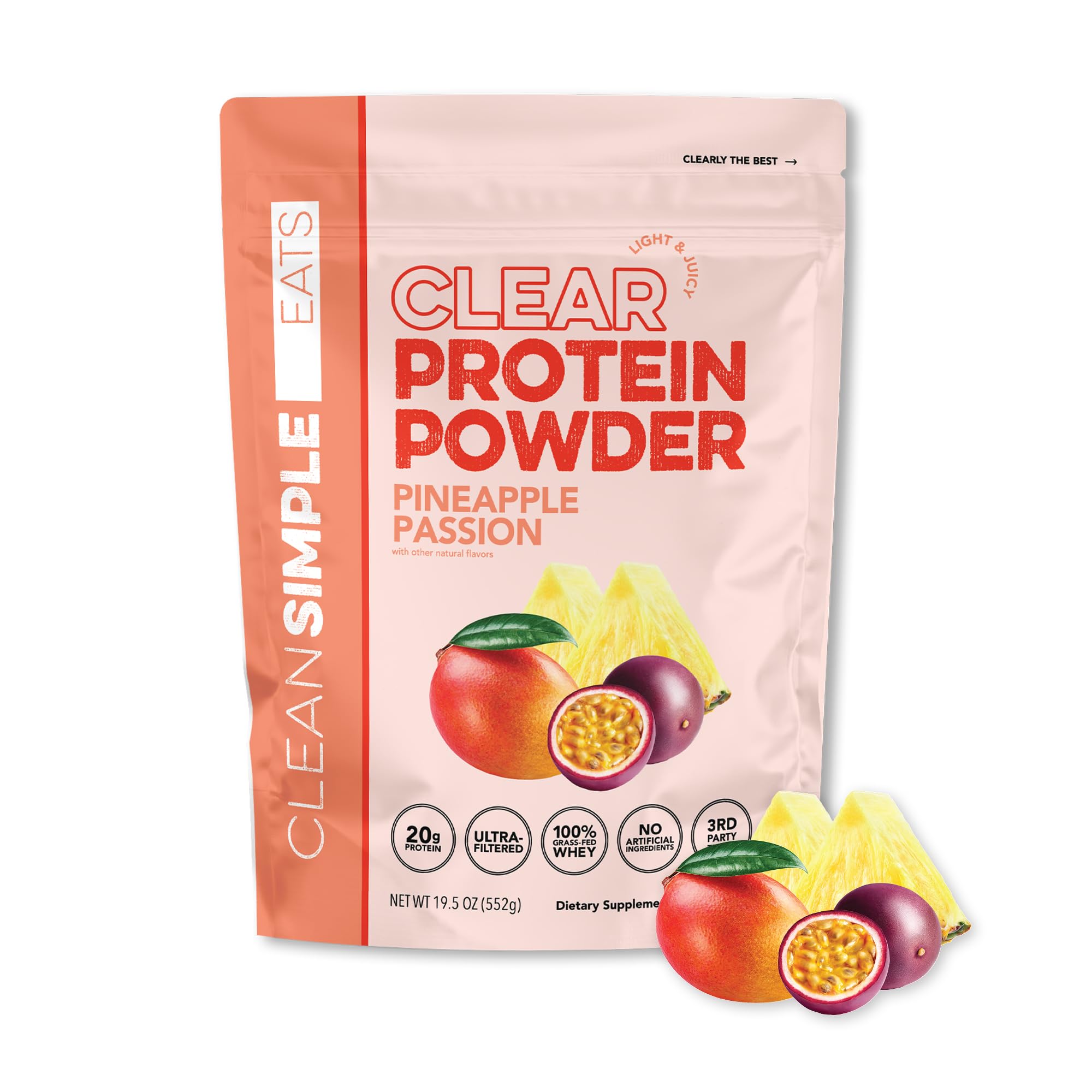 Clean Simple Eats Clear Protein Pineapple Passion bottle shows tropical flavor and 20g protein per serving.