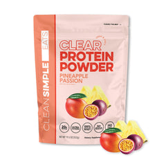 Clean Simple Eats Clear Protein Pineapple Passion bottle shows tropical flavor and 20g protein per serving.
