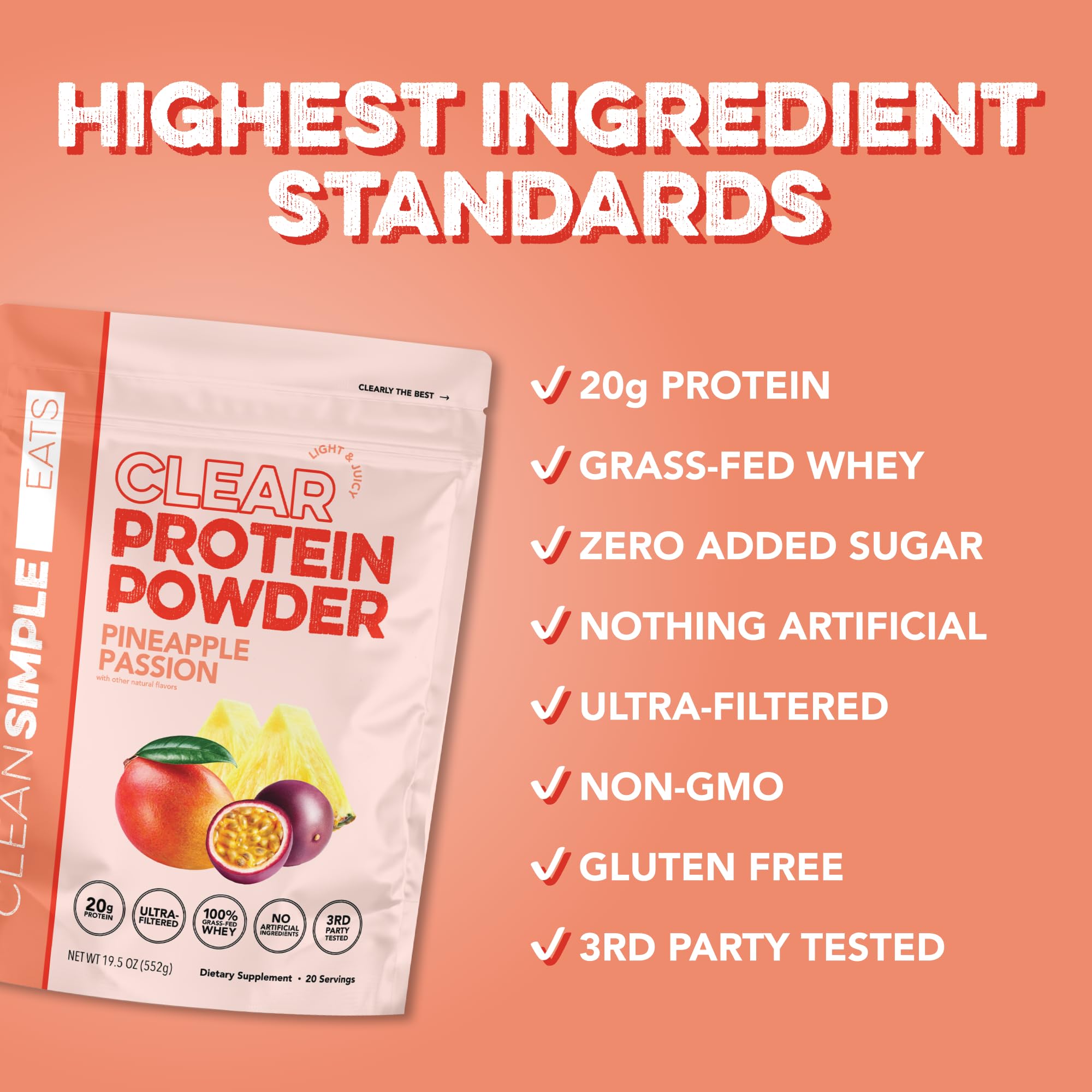 Clean Simple Eats Clear Protein Scoop beside shaker illustrates easy-to-make, on-the-go protein refreshment.