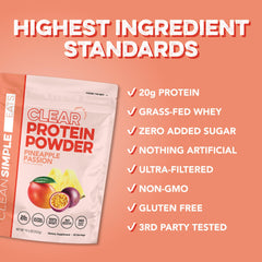 Clean Simple Eats Clear Protein Scoop beside shaker illustrates easy-to-make, on-the-go protein refreshment.