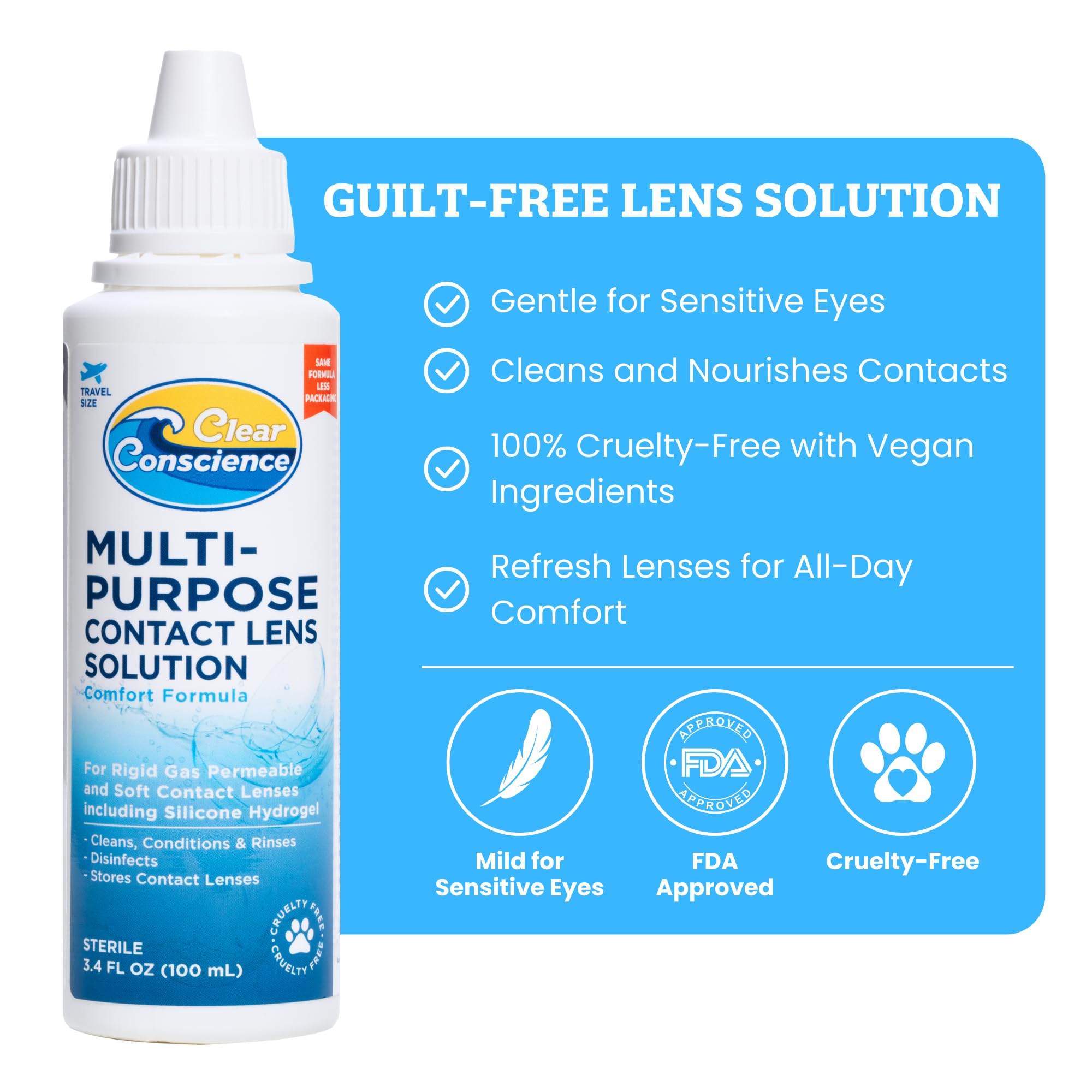 Clear Conscience multi-purpose solution for daily lens maintenance.