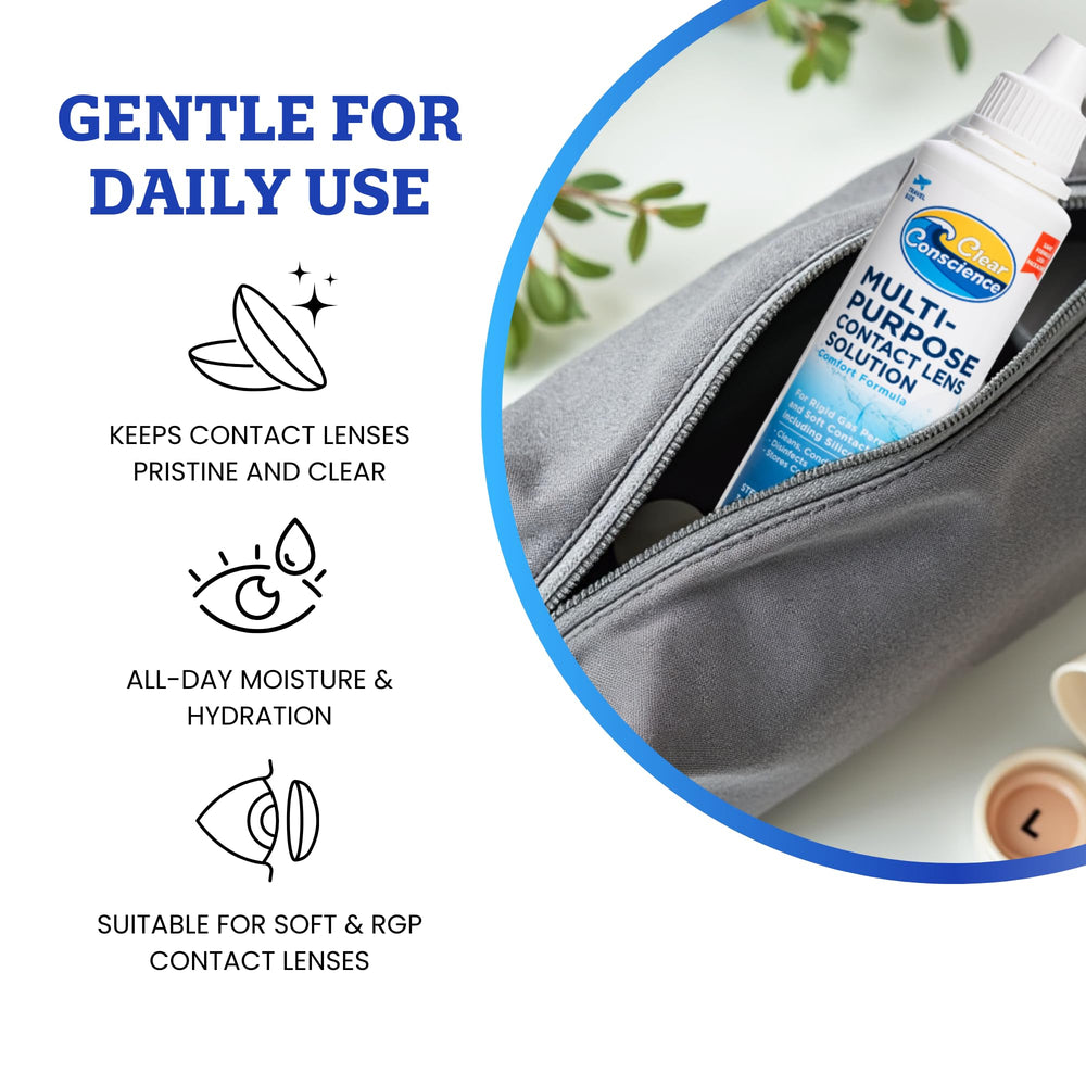 Clear Conscience sensitive eyes formula for comfortable lens wear.