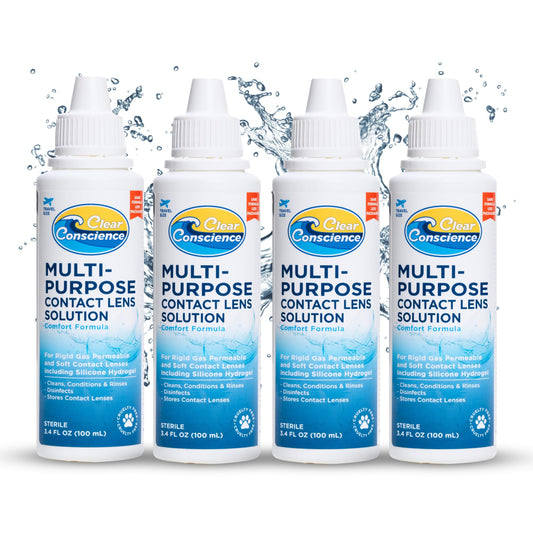 Clear Conscience travel size bottle for on-the-go lens care and cleaning.