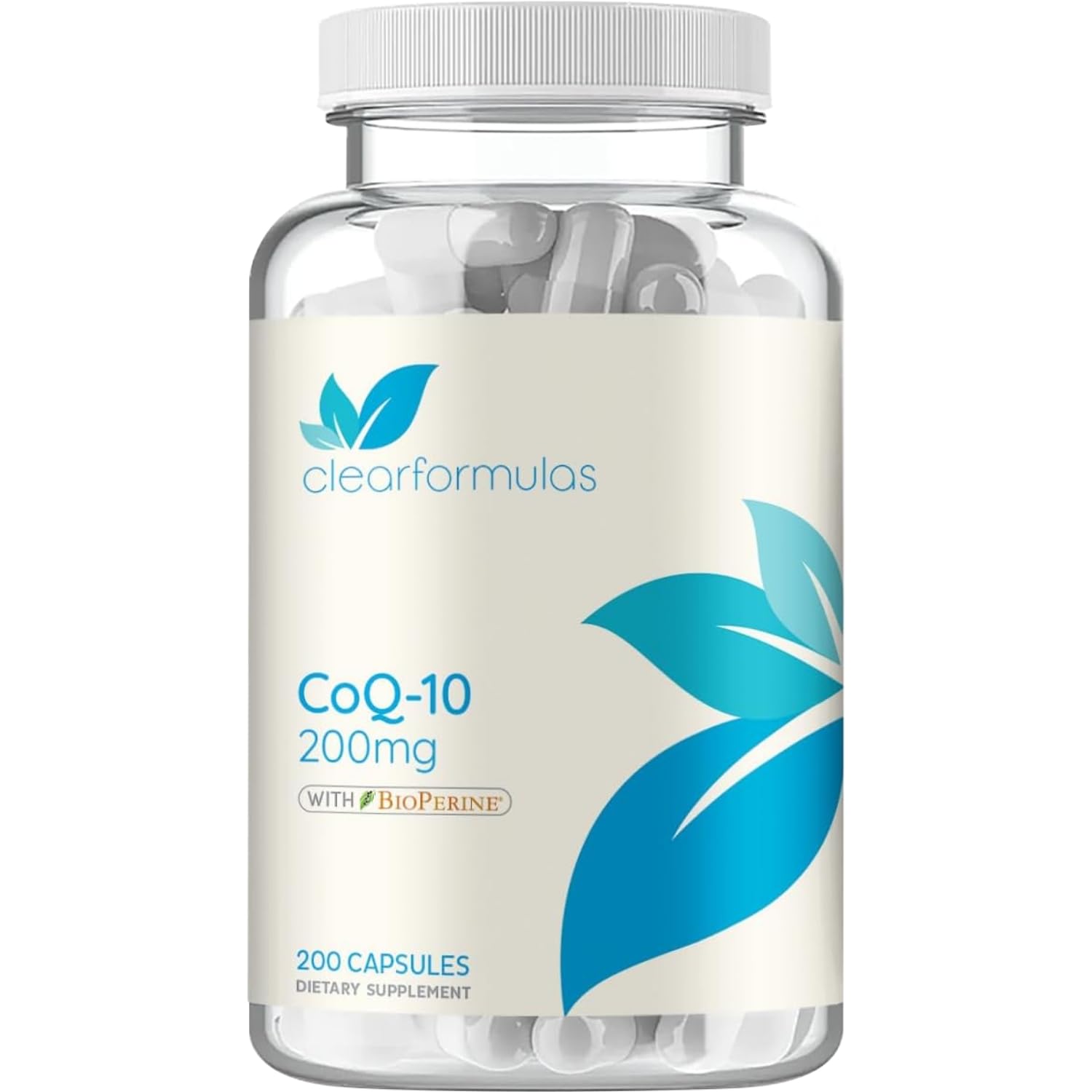 Clear Formulas CoQ10 200mg bottle shot highlighting enhanced absorption potential.