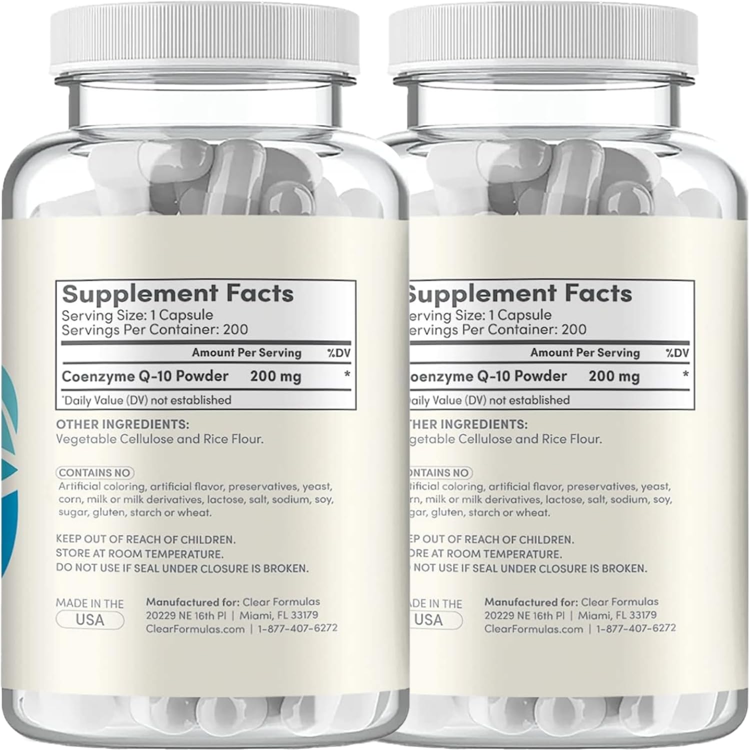 Label detail for Clear Formulas CoQ10 200mg showing 200mg ubiquinone per serving.