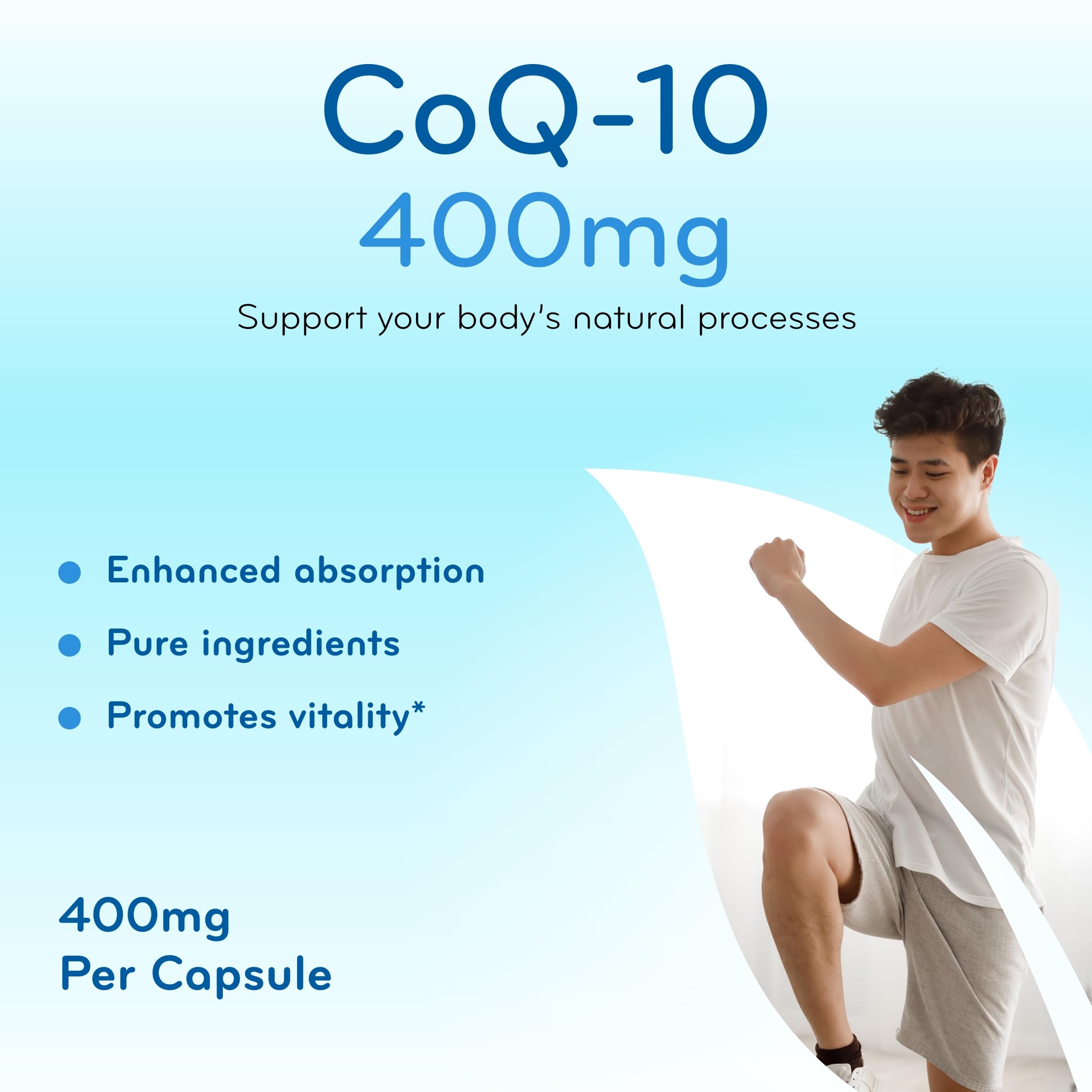 Clear Formulas CoQ10 400mg capsules easy swallow pack displayed for daily use.