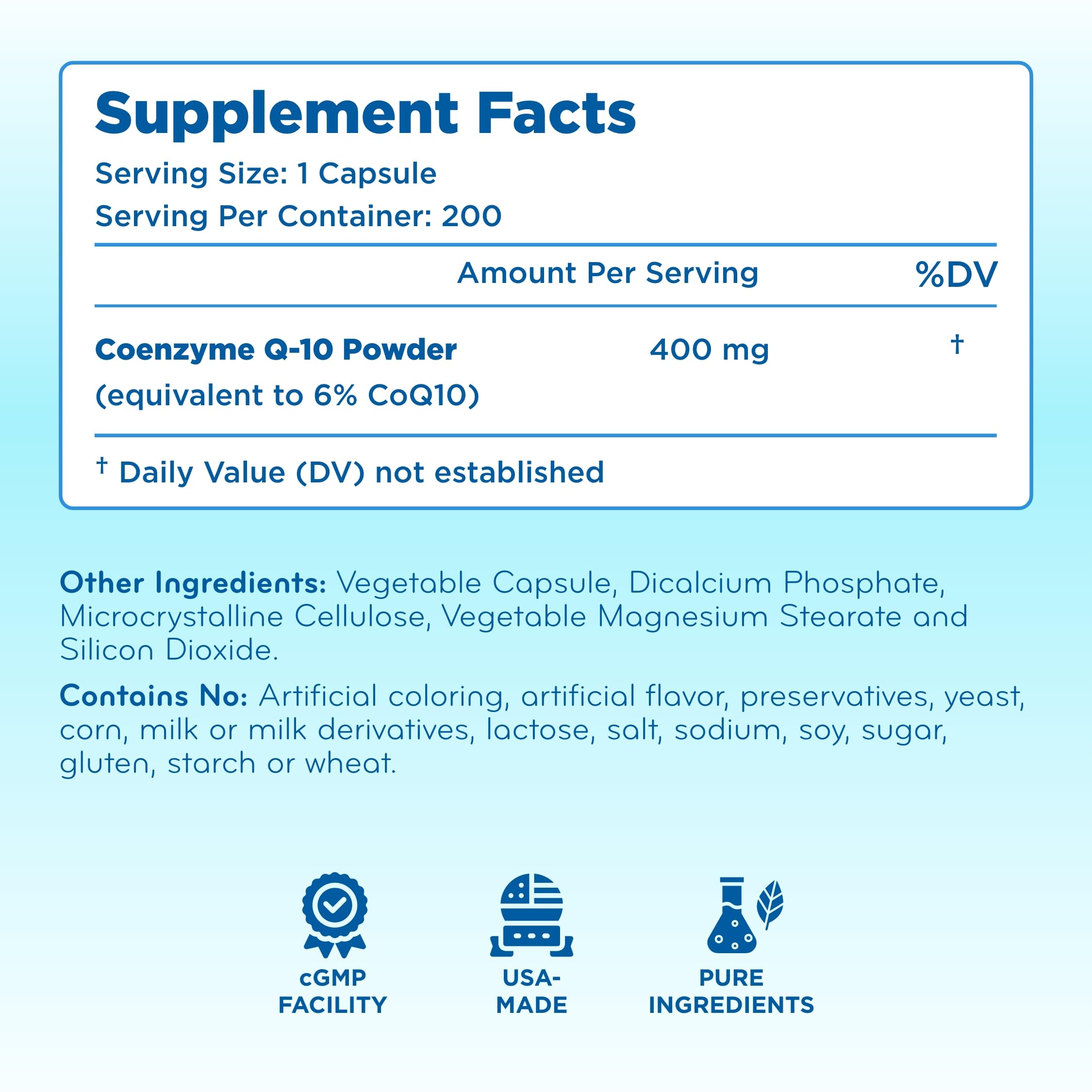 Clear Formulas CoQ10 400mg ubiquinone label front showing ingredients and purity.