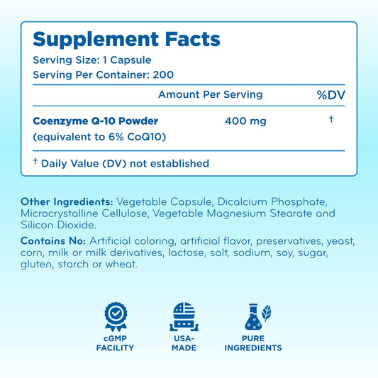 Clear Formulas CoQ10 400mg ubiquinone label front showing ingredients and purity.