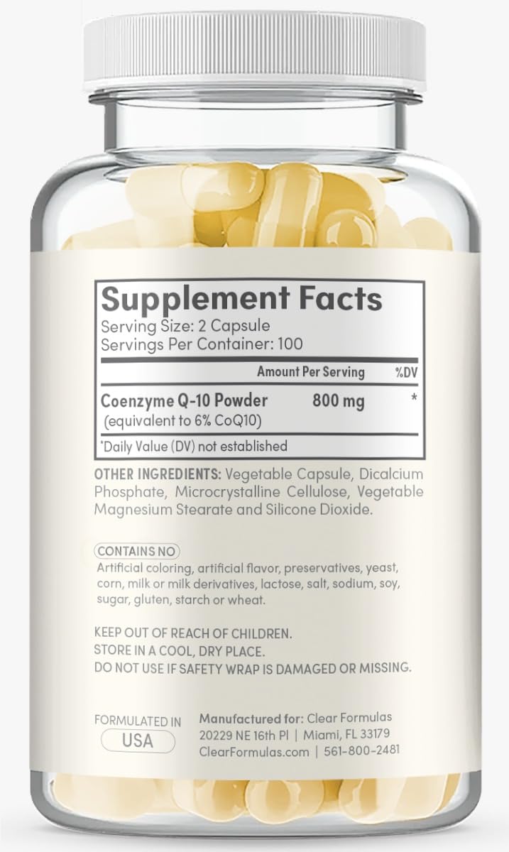 Clear Formulas CoQ10 label closeup showing 800 mg per serving