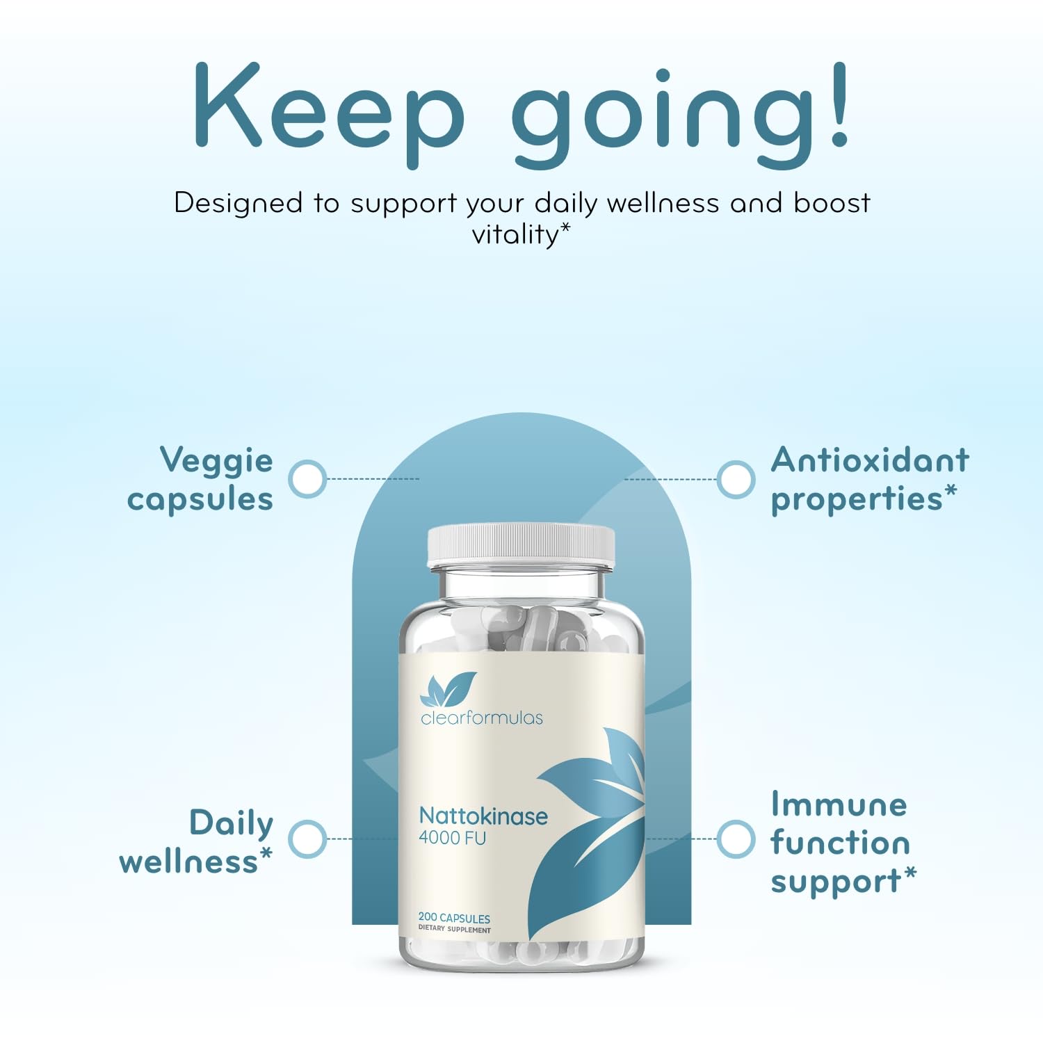 Lifestyle scene with Clear Formulas Nattokinase capsules on a morning desk.