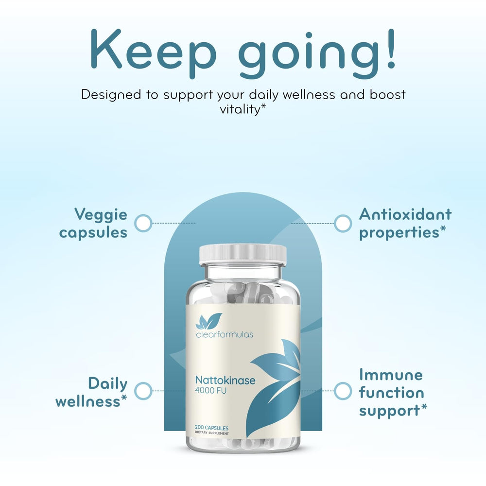 Lifestyle scene with Clear Formulas Nattokinase capsules on a morning desk.