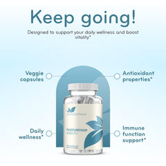 Lifestyle scene with Clear Formulas Nattokinase capsules on a morning desk.