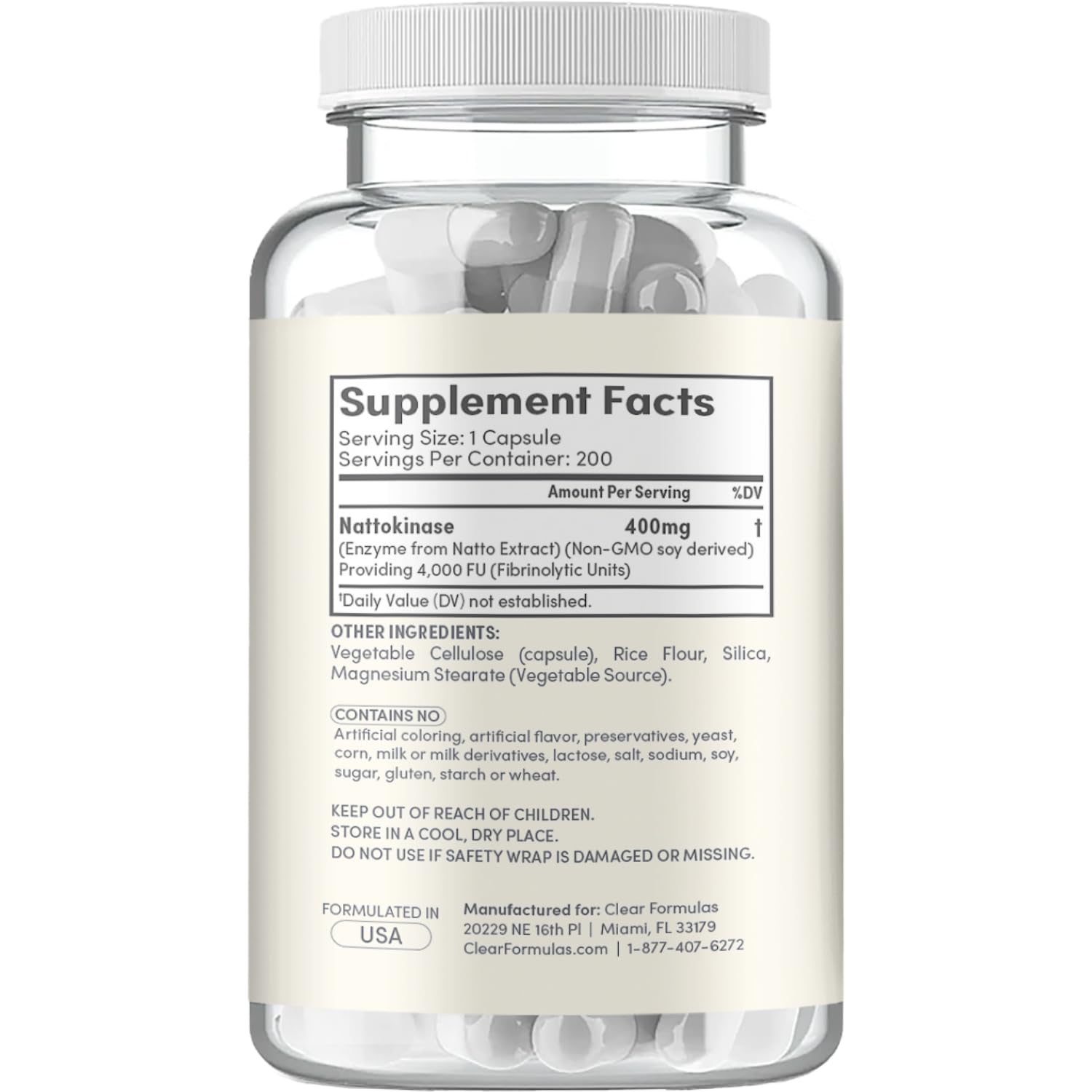 Close-up label of Clear Formulas Nattokinase highlights non-GMO natto extract.