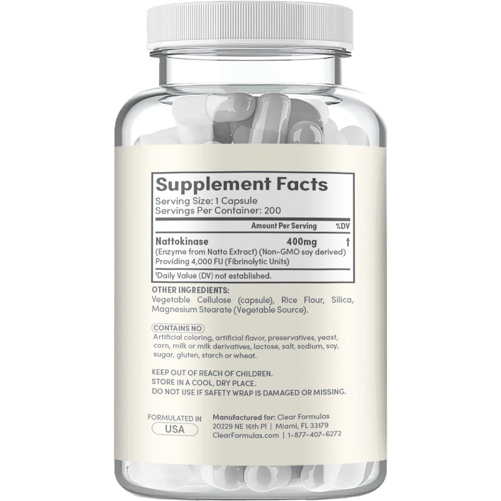 Close-up label of Clear Formulas Nattokinase highlights non-GMO natto extract.
