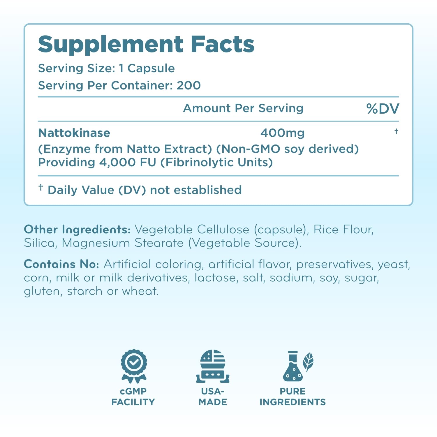 Bottle seal and QA icons emphasize product safety and trust.