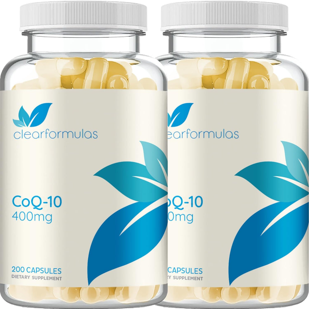 Clear Formulas Quick Absorption CoQ10 400mg capsules in bottle for easy daily use.