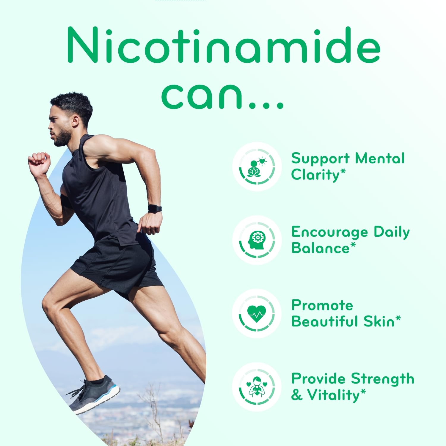 Clear Formulas Vitamin B3 Nicotinamide health icons representing skin heart brain support.