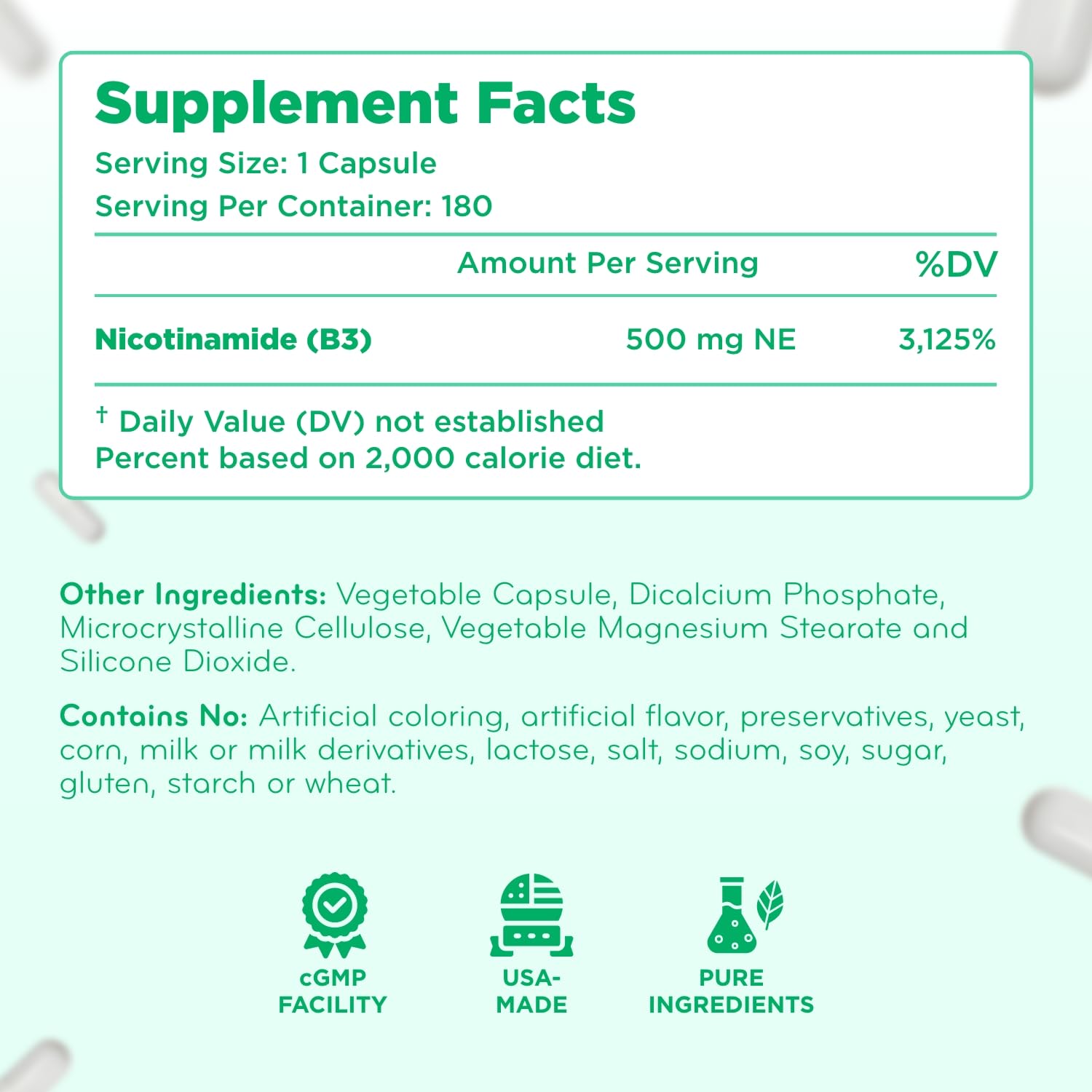 Clear Formulas Vitamin B3 Nicotinamide lab production seal indicating compliance.