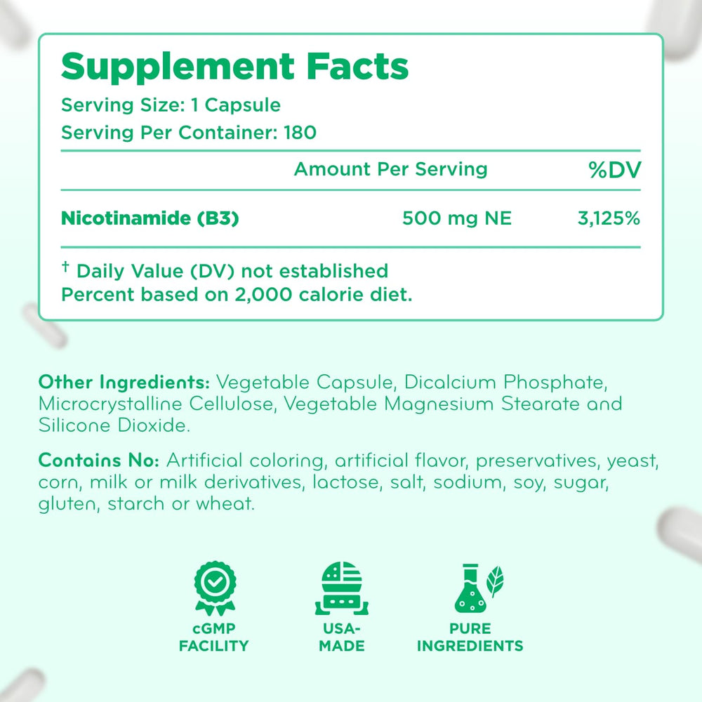 Clear Formulas Vitamin B3 Nicotinamide lab production seal indicating compliance.