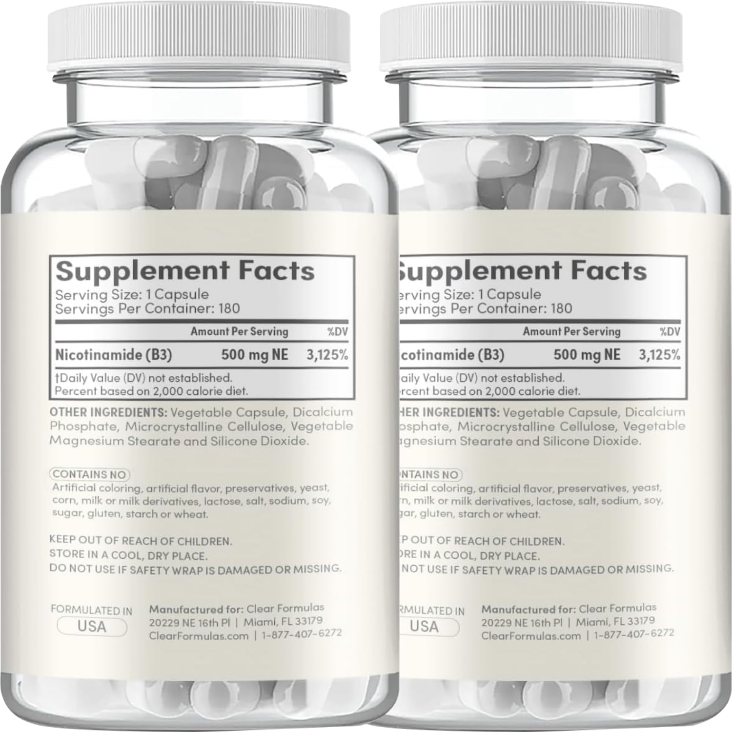 Clear Formulas Vitamin B3 Nicotinamide label details emphasizing ingredients and cGMP manufacturing.