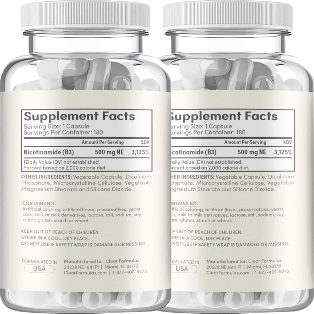 Clear Formulas Vitamin B3 Nicotinamide label details emphasizing ingredients and cGMP manufacturing.