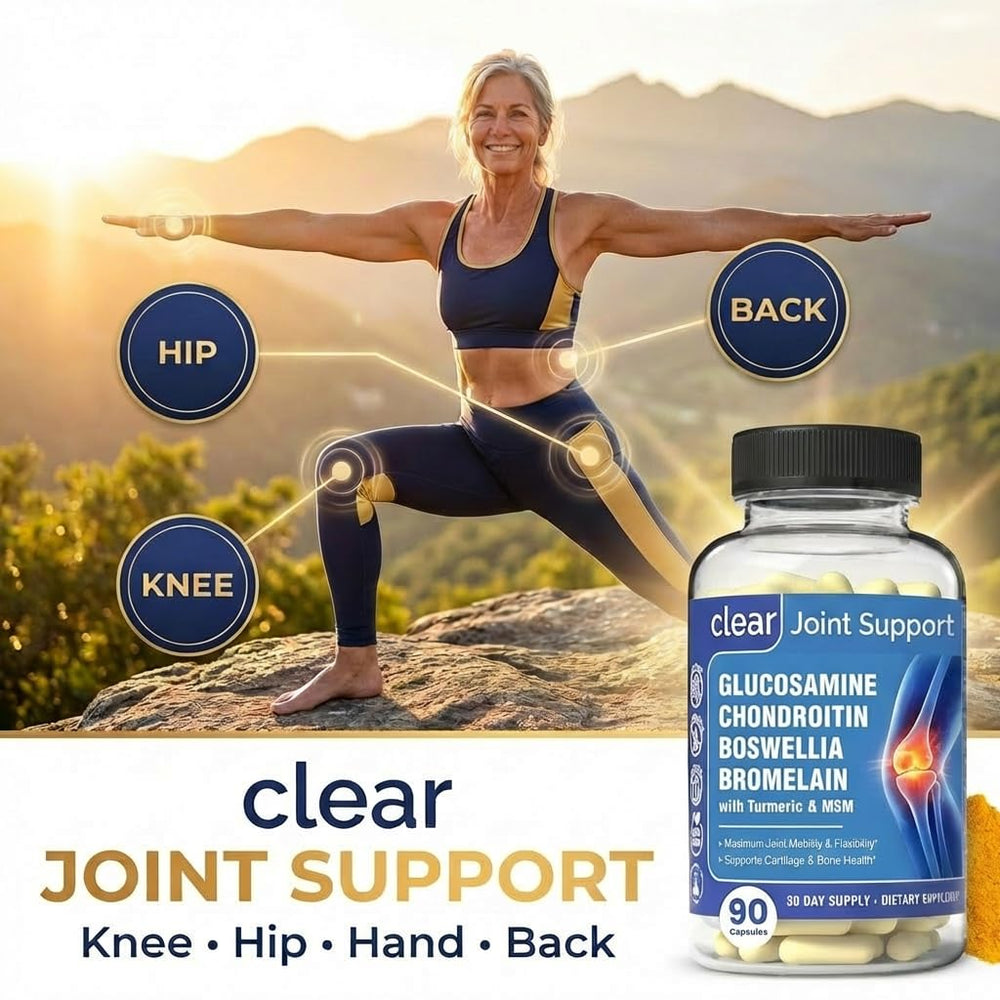Clear Joint capsules close-up with 1500mg glucosamine shows potency for daily joint support.