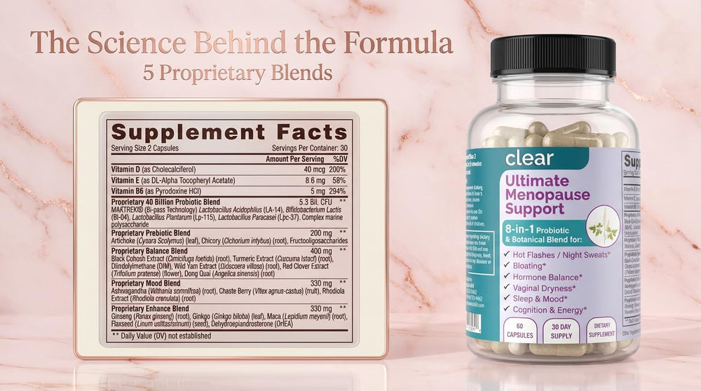 Open Clear Probiotics bottle showing convenient capsule intake.