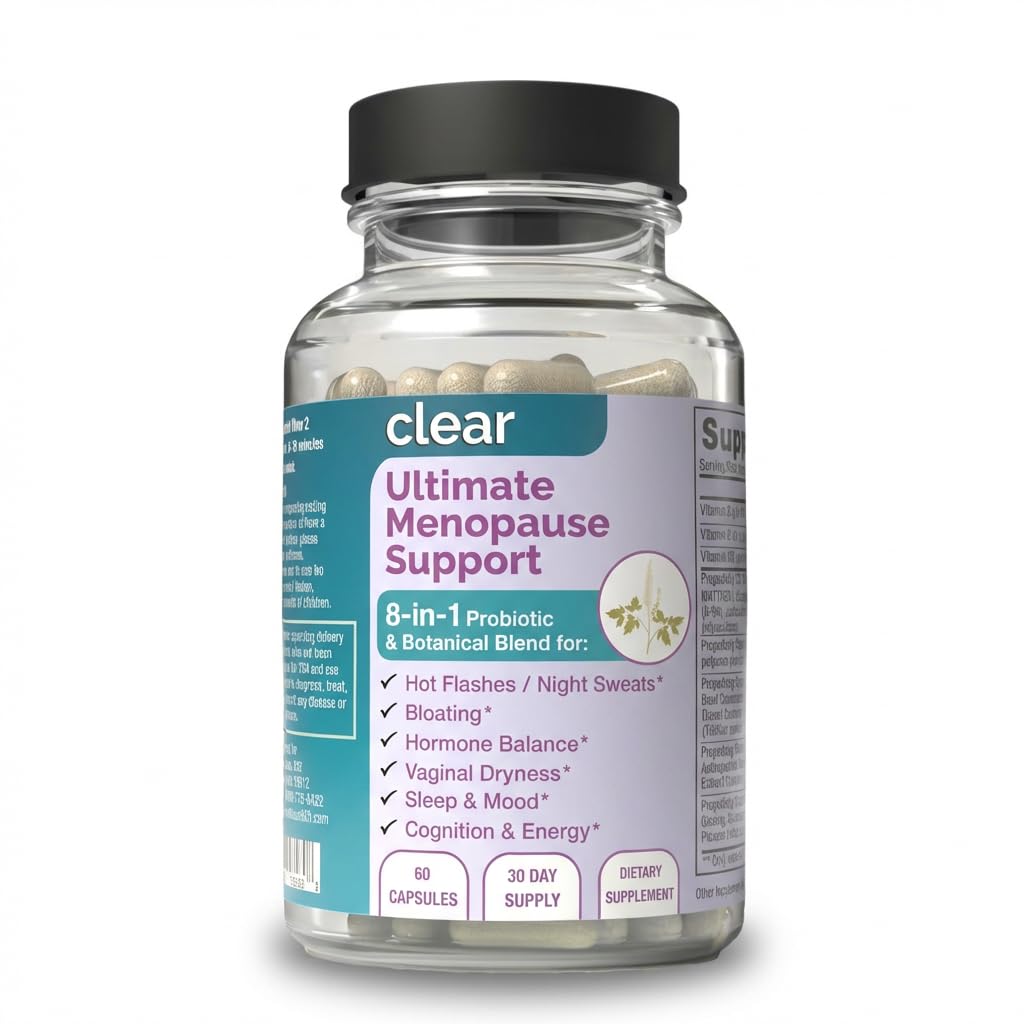 Clear Probiotics menopause bottle with capsules for daily balance.