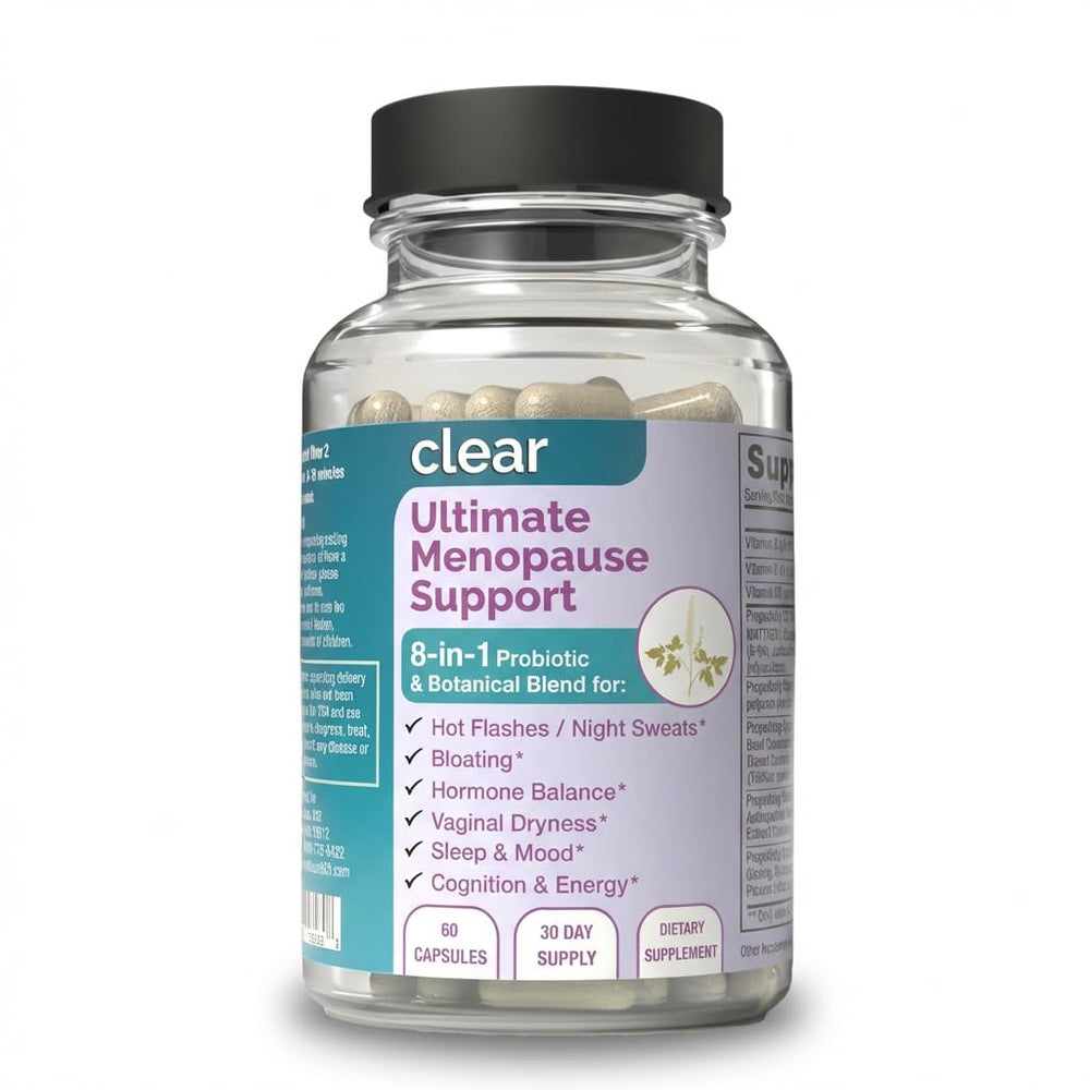 Clear Probiotics menopause bottle with capsules for daily balance.